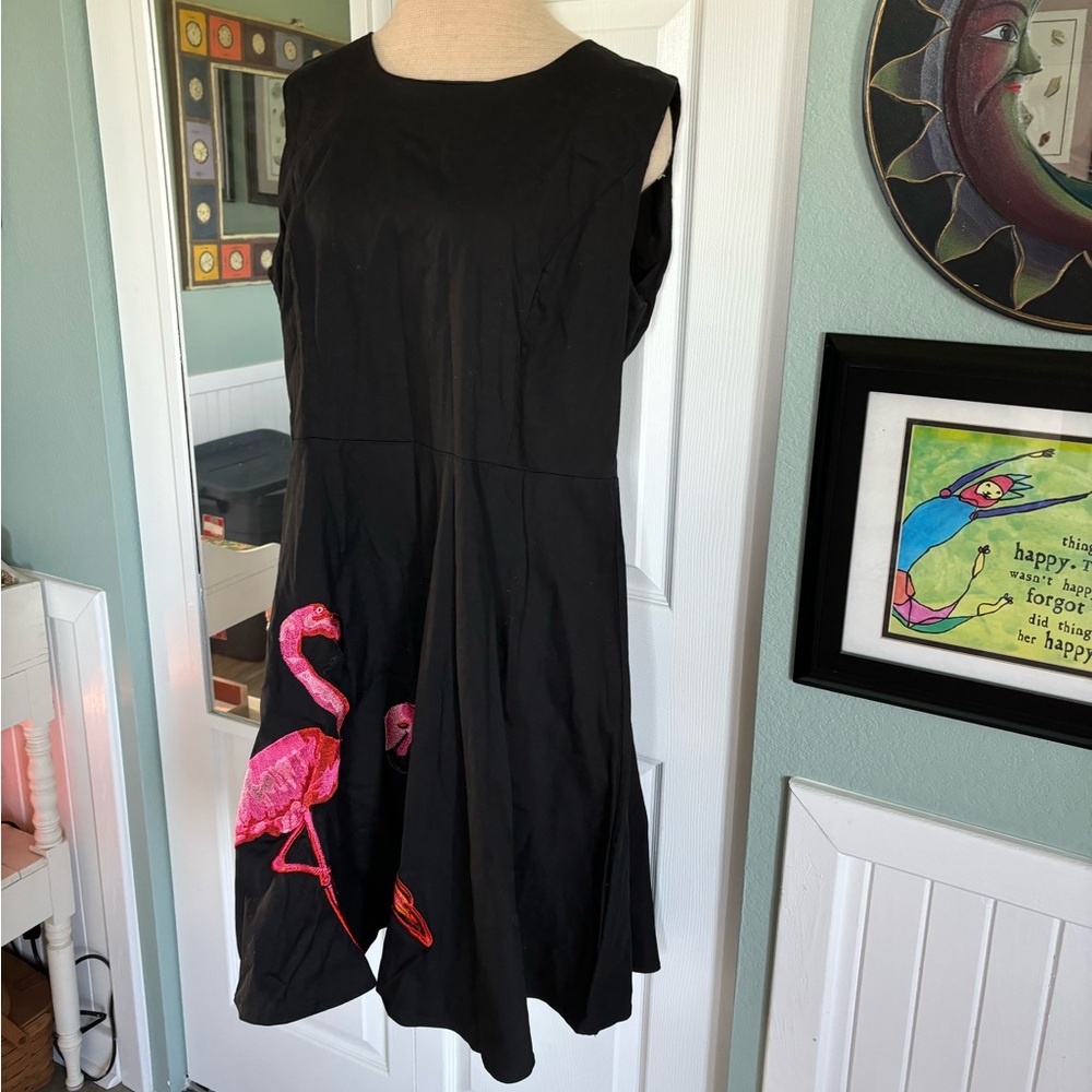Flamingo embroidered black dress 18w